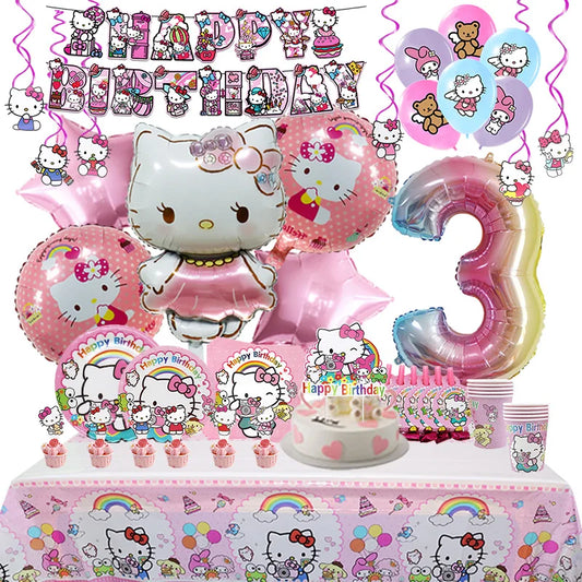 Hello Kitty Birthday Party Decoration Latex Aluminum Film Balloon Banner Cup Toy Gift Napkin Kids Event Supplies Plate Straw
