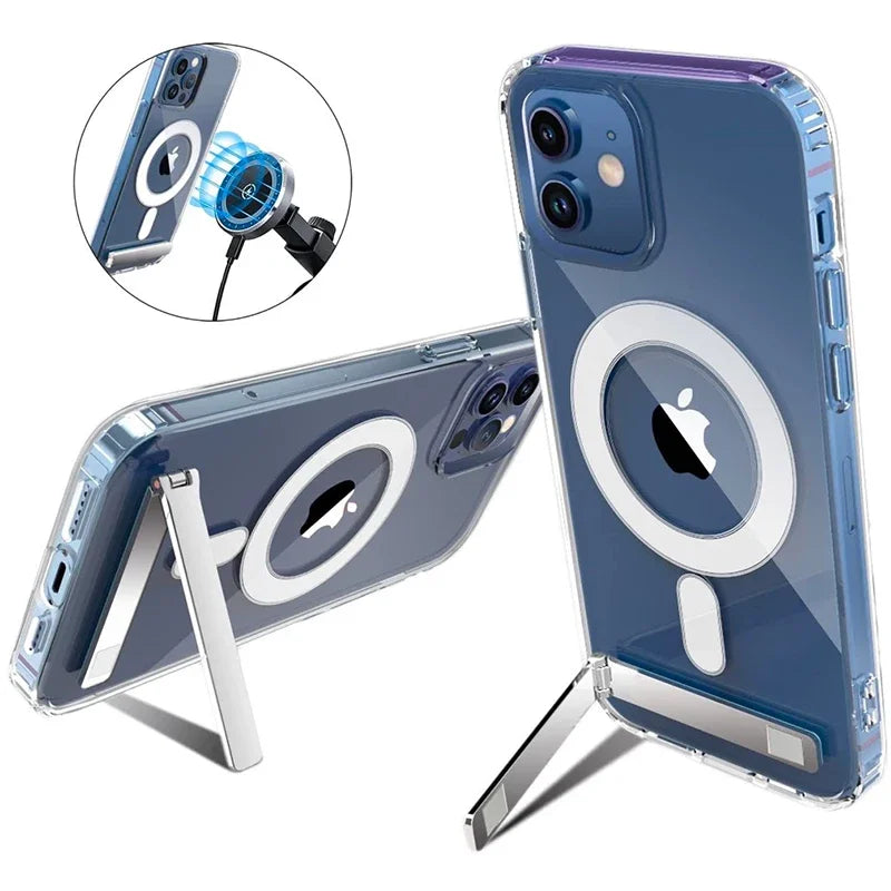 Clear Magnetic Phone Case for iPhone 16 15 14 Pro Max Plus 13 12 11 Mini with Metal Kickstand for Wireless Charging Back Cover
