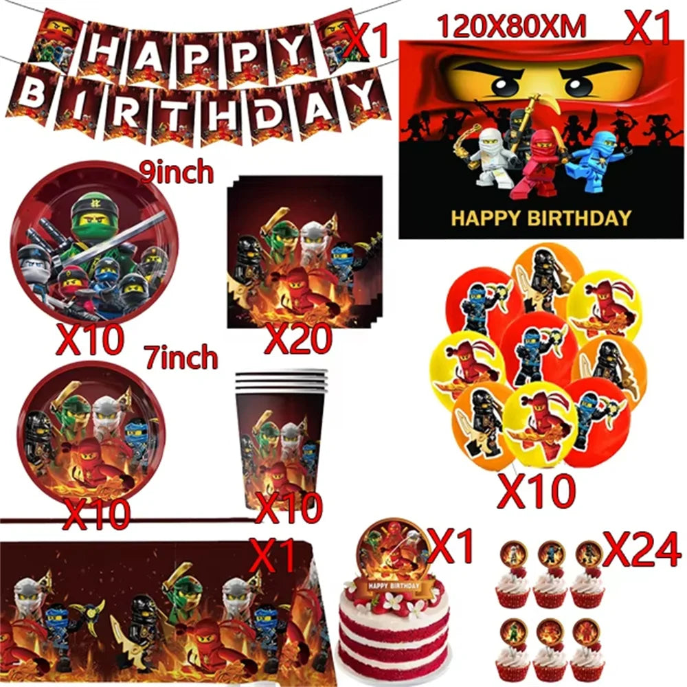 Cartoon Ninja Birthday Decorations Paper Tableware Plate Cup Tablecloth Foil Ballons Kids Banner Cake Toppers Party Supplies