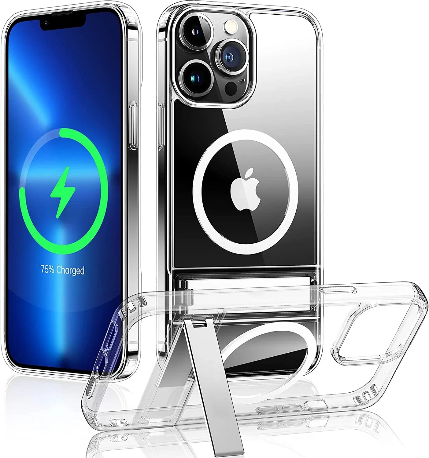 Clear Magnetic Phone Case for iPhone 16 15 14 Pro Max Plus 13 12 11 Mini with Metal Kickstand for Wireless Charging Back Cover