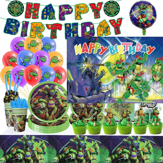 Disney Tortoise Hero Turtle Balloons Birthday Banner Party Decorations Anime Ninja Cake Topper Disposable Tableware Background