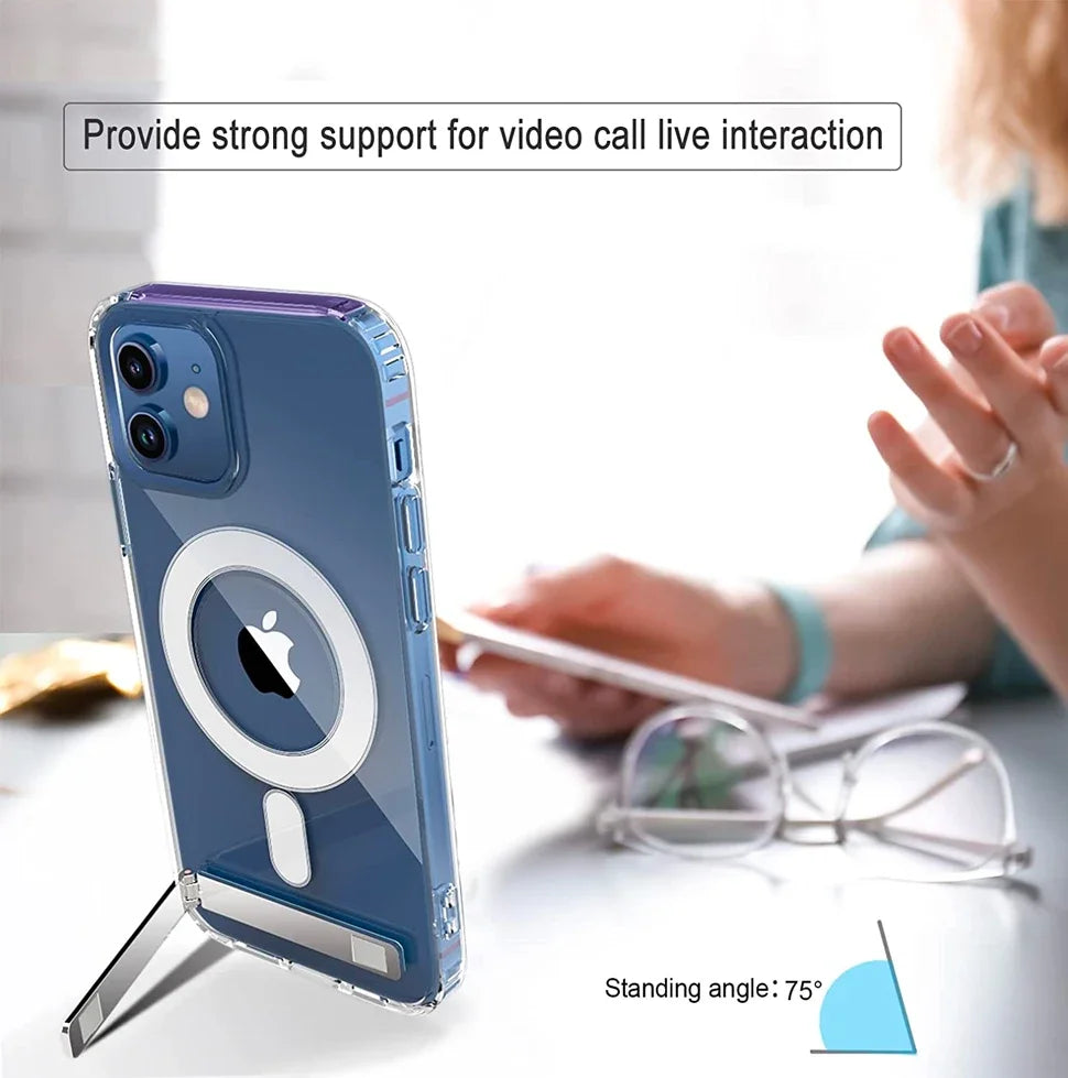 Clear Magnetic Phone Case for iPhone 16 15 14 Pro Max Plus 13 12 11 Mini with Metal Kickstand for Wireless Charging Back Cover