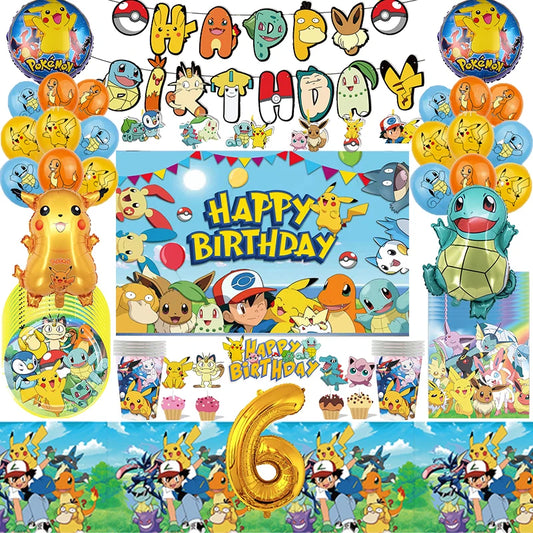 Pokemon Birthday Party Decoration Pikachu Theme Disposable Tableware Backdrop Party Foil Balloon Set Kid Party Supplies